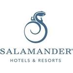 A blue and white logo of salamander hotels & resorts.