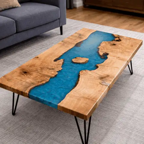 blue epoxy river table made in Catharpin virginia